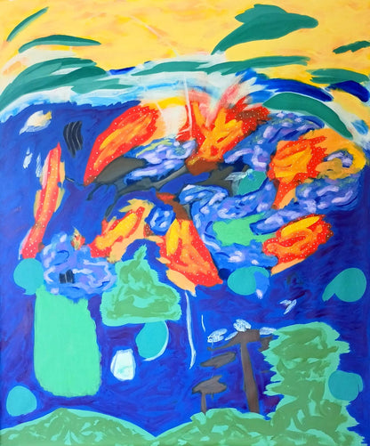 A colorful abstract painting reminiscent of an ocean scene deep under the surface with fire and dolphins coming out of the water.