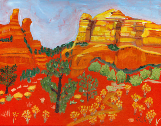 Sedona Landscape painting as Shangri La, a garden of early delights at sunset on Courthouse Butte, Bell Rock Pathway, Sedona, Arizona. 11 x 14 x 0.75 inches, Acrylic on Canvas, 