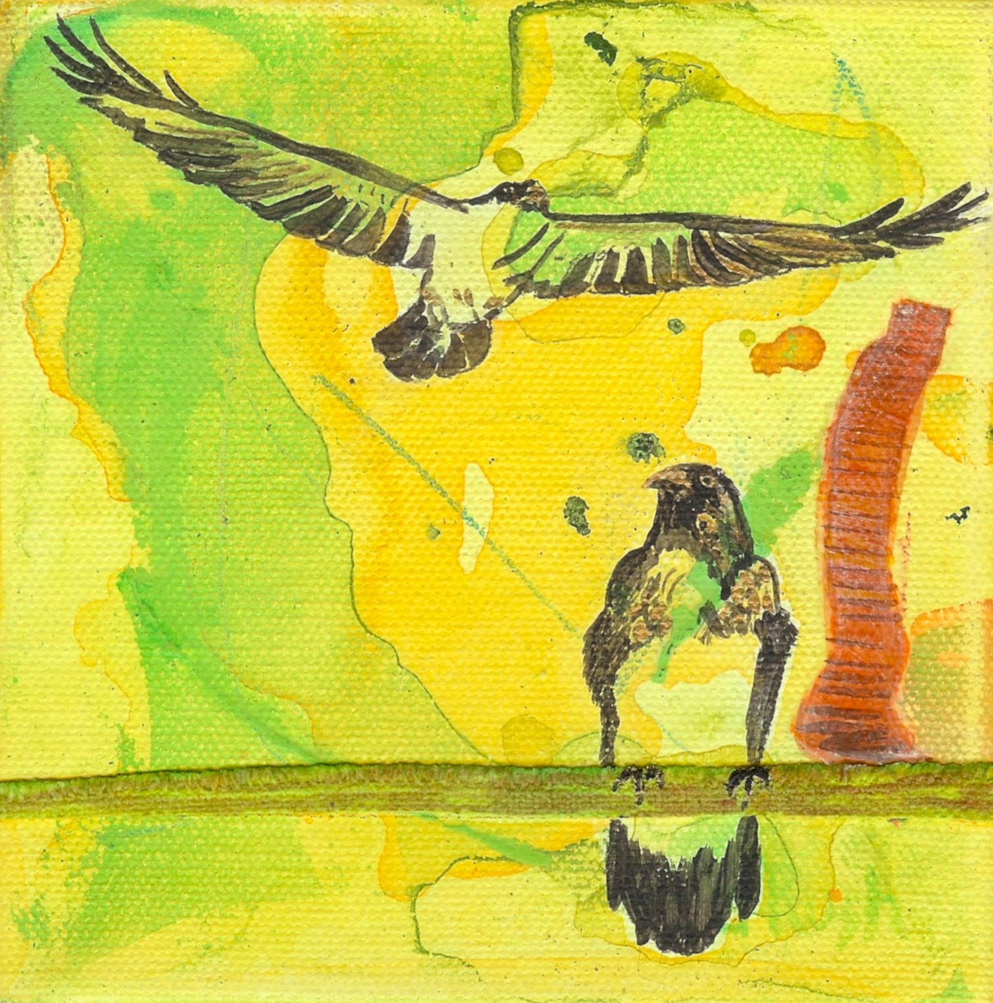 Ravens as Guardians of Land and Sky 5 x 5 x 1.5 inches - Acrylic on Canvas