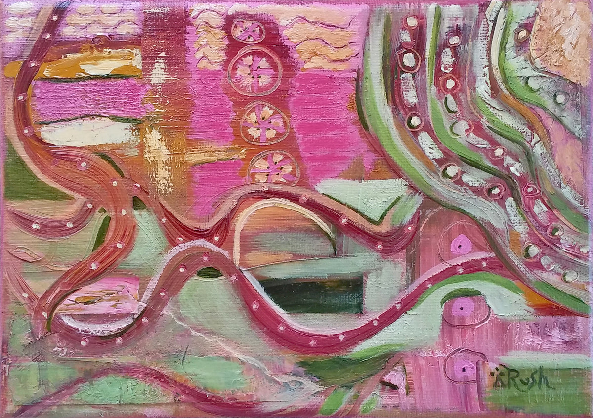 Pink Abstract #4 of 4: Bean Town - 5 x 7 x 0.5 inches - Oil on Gallery Wrapped Canvas