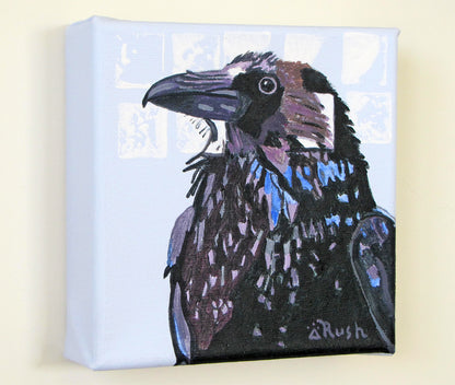 Raven - Proud Stanley Guards His Territory - 5 x 5 x 1.5 inches - Acrylic & Graphite on Canvas