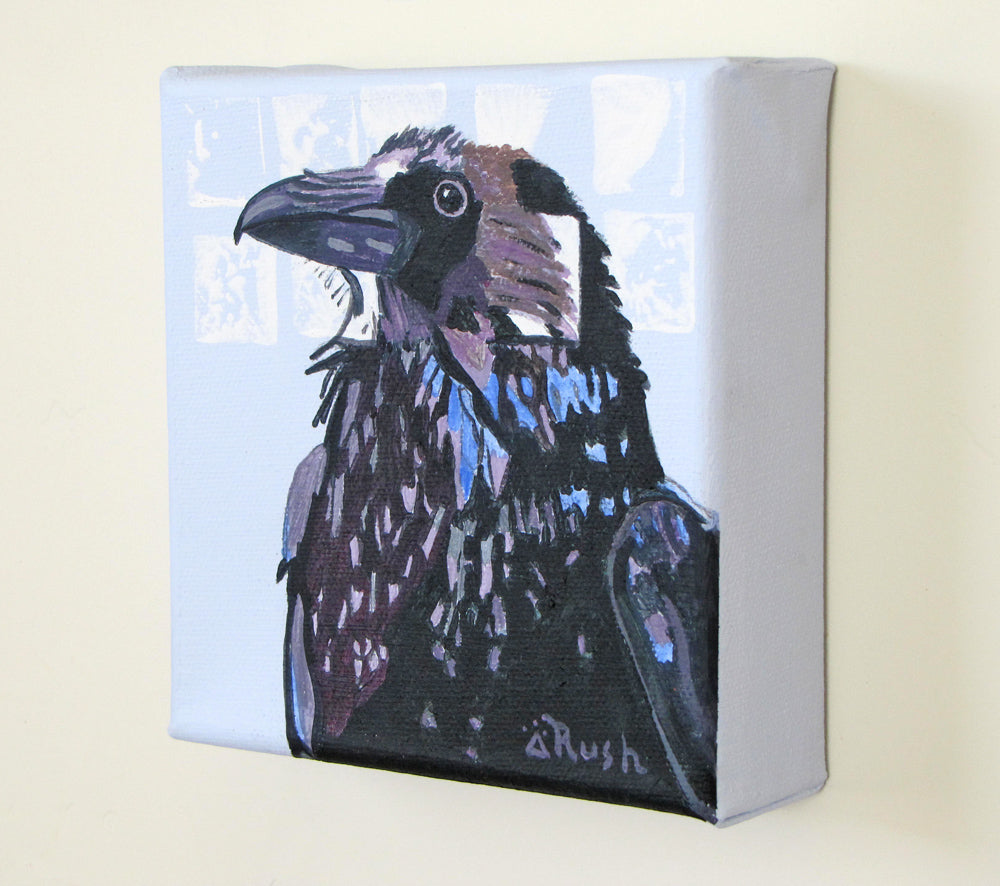 Raven - Proud Stanley Guards His Territory - 5 x 5 x 1.5 inches - Acrylic & Graphite on Canvas