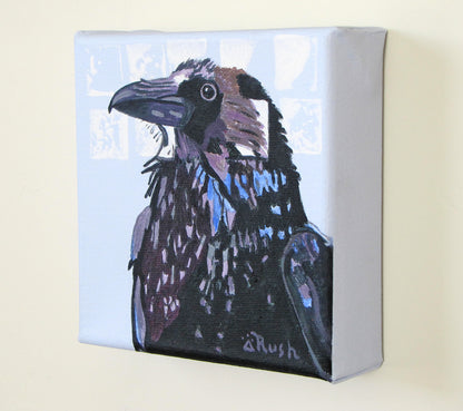 Raven - Proud Stanley Guards His Territory - 5 x 5 x 1.5 inches - Acrylic & Graphite on Canvas