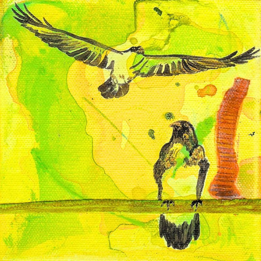 Ravens as Guardians of Land and Sky - 5 x 5 x 1.5 inches - Mixed Media on Canvas