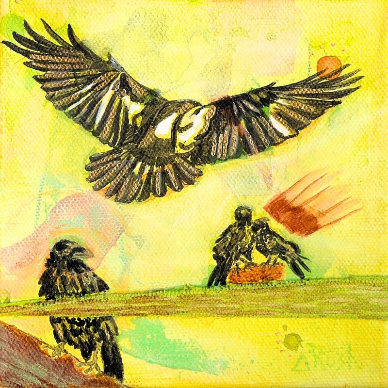 The Raven That Stole the Sun - 5 x 5 x 1.5 inches - Mixed Media on Canvas