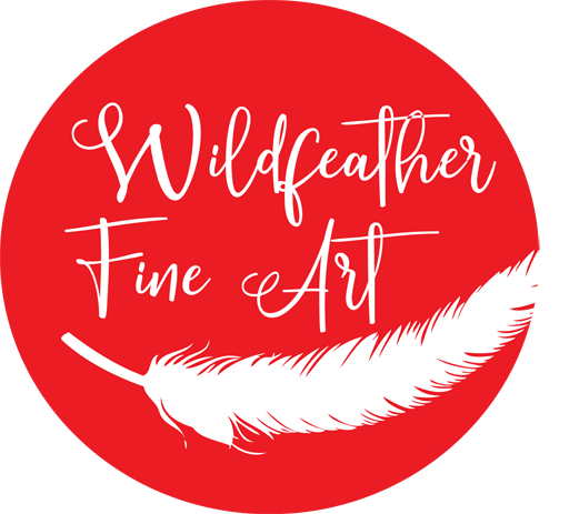 Wildfeather Fine Art logo red circle with white letters and white feather. 