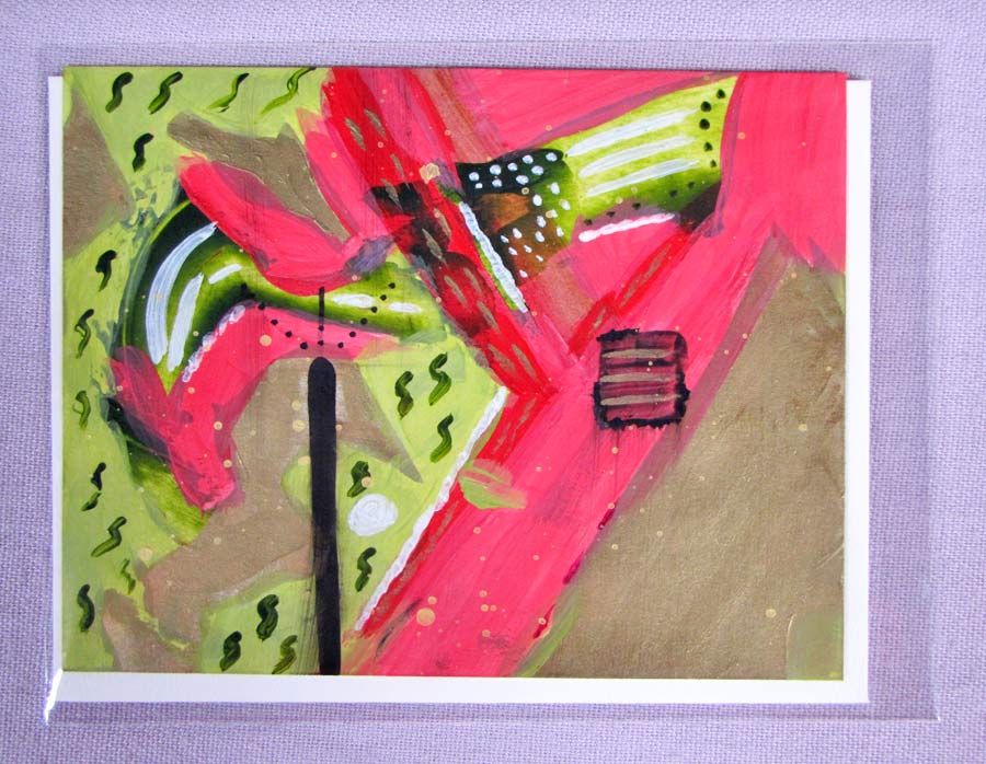 Art Card - Hand Painted - Green, Pink, Red #3 - 4.25 x 5.5 inches - Free Shipping