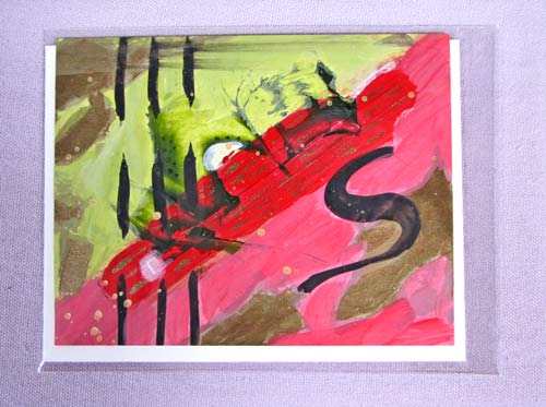 Art Card - Hand Painted - Green, Pink, Red #2 - 4.25 x 5.5 inches - Free Shipping