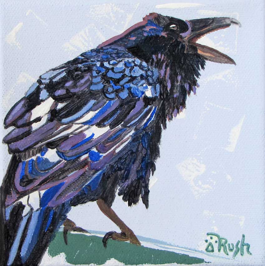 Raven (on Light blue) - Gimme That French Fry - 5 x 5 x 1.5 inches - Acrylic on Canvas