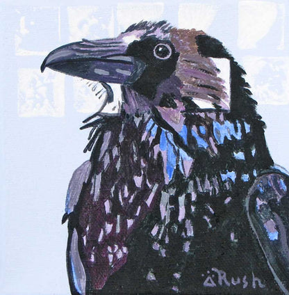 Raven - Proud Stanley Guards His Territory - 5 x 5 x 1.5 inches - Acrylic & Graphite on Canvas